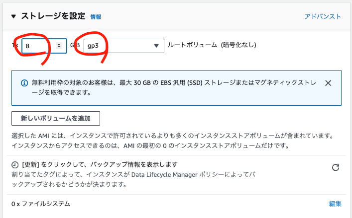 ストレージは8GiB、gp3